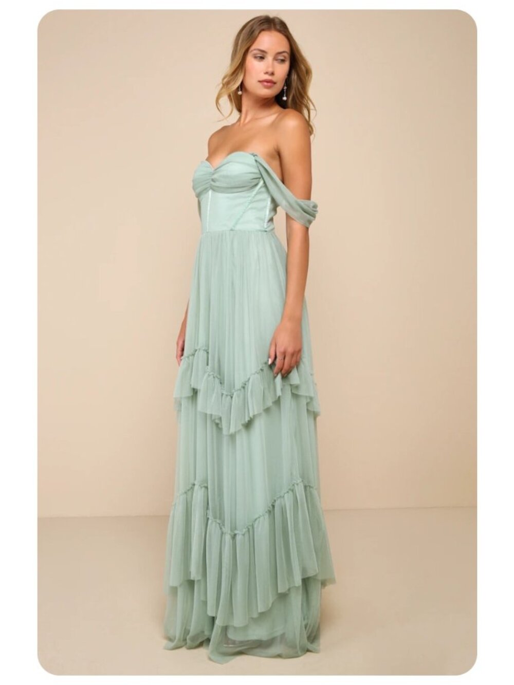 Lulus Sage Green Stunning Personality Mesh Off The Shoulder Maxi Dress sz S - Picture 3 of 11